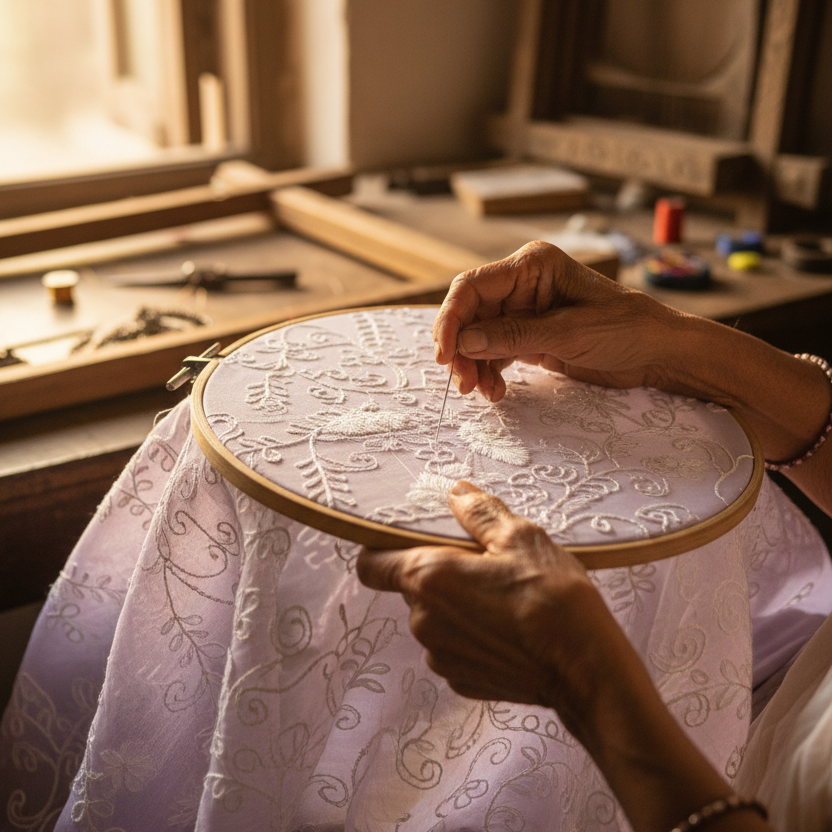 Artisan hands embroidering