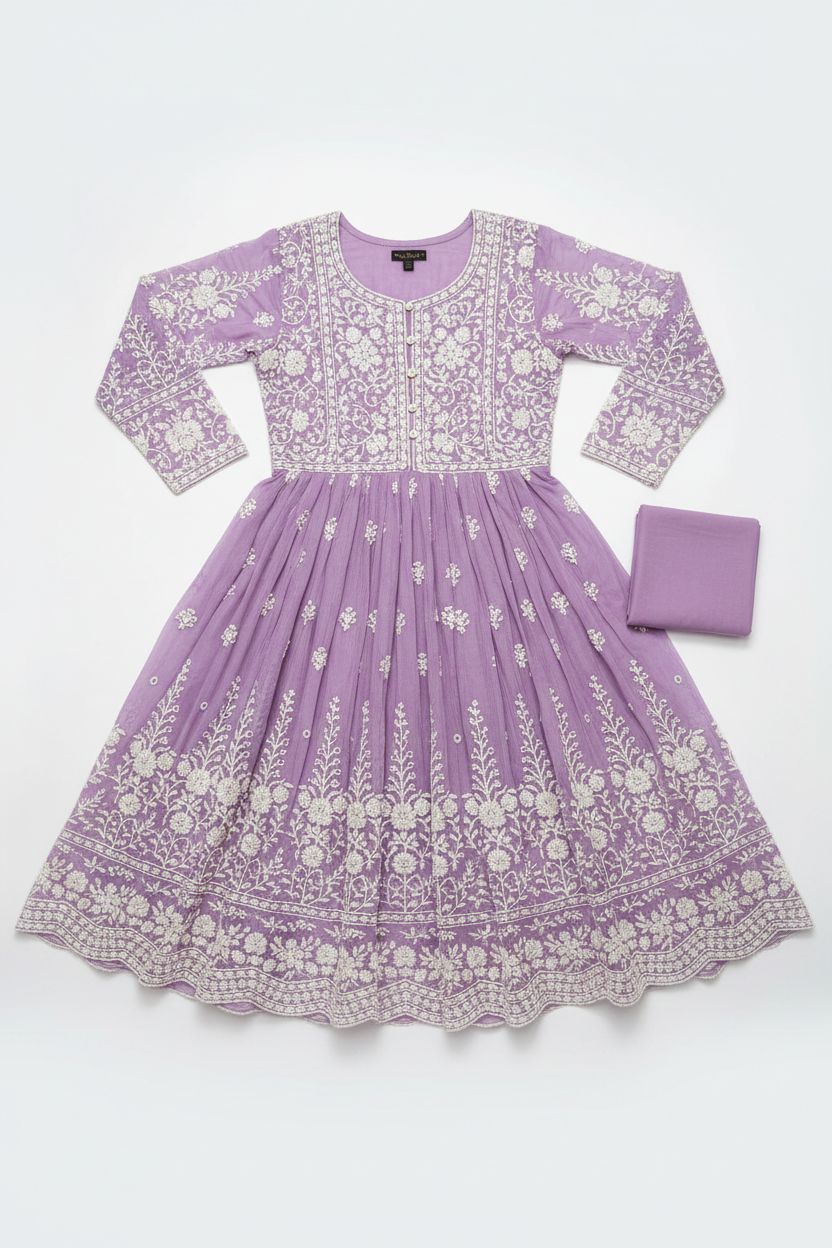 Lavender Chikankari Kurta Dress with floral hand embroidery