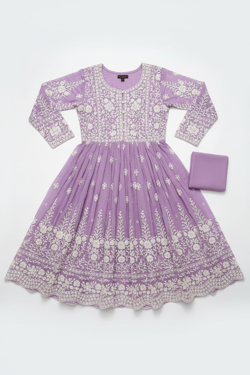 Lavender Chikankari Kurta Dress with floral hand embroidery