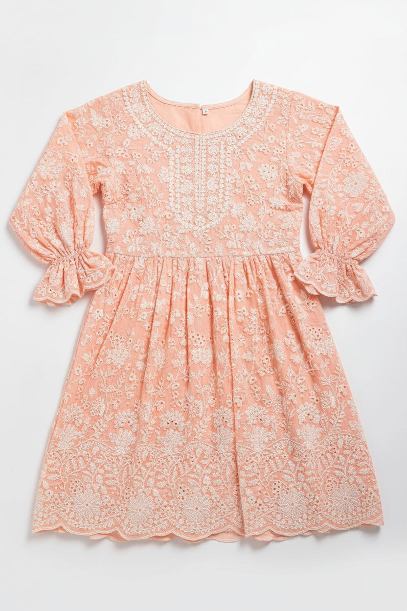 Peach Chikankari Kurta Dress with floral hand embroidery