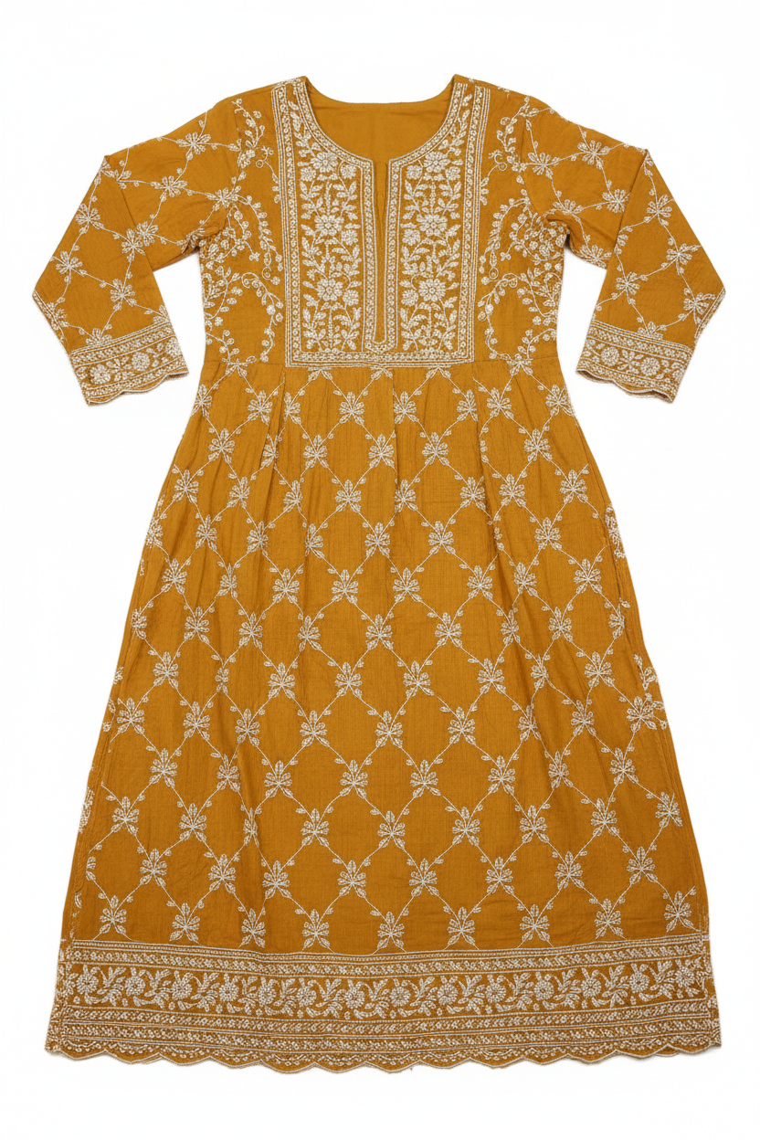 Mustard Yellow Chikankari Kurta Dress with floral hand embroidery