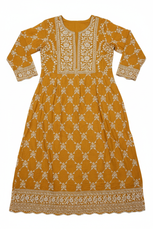 Mustard Yellow Chikankari Kurta Dress with floral hand embroidery